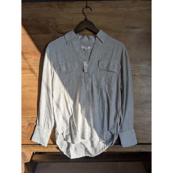 Madewell Tops - Madewell Shirt Blouse Womens 2XS Gray Flap Pockets High Low Collared Pullover